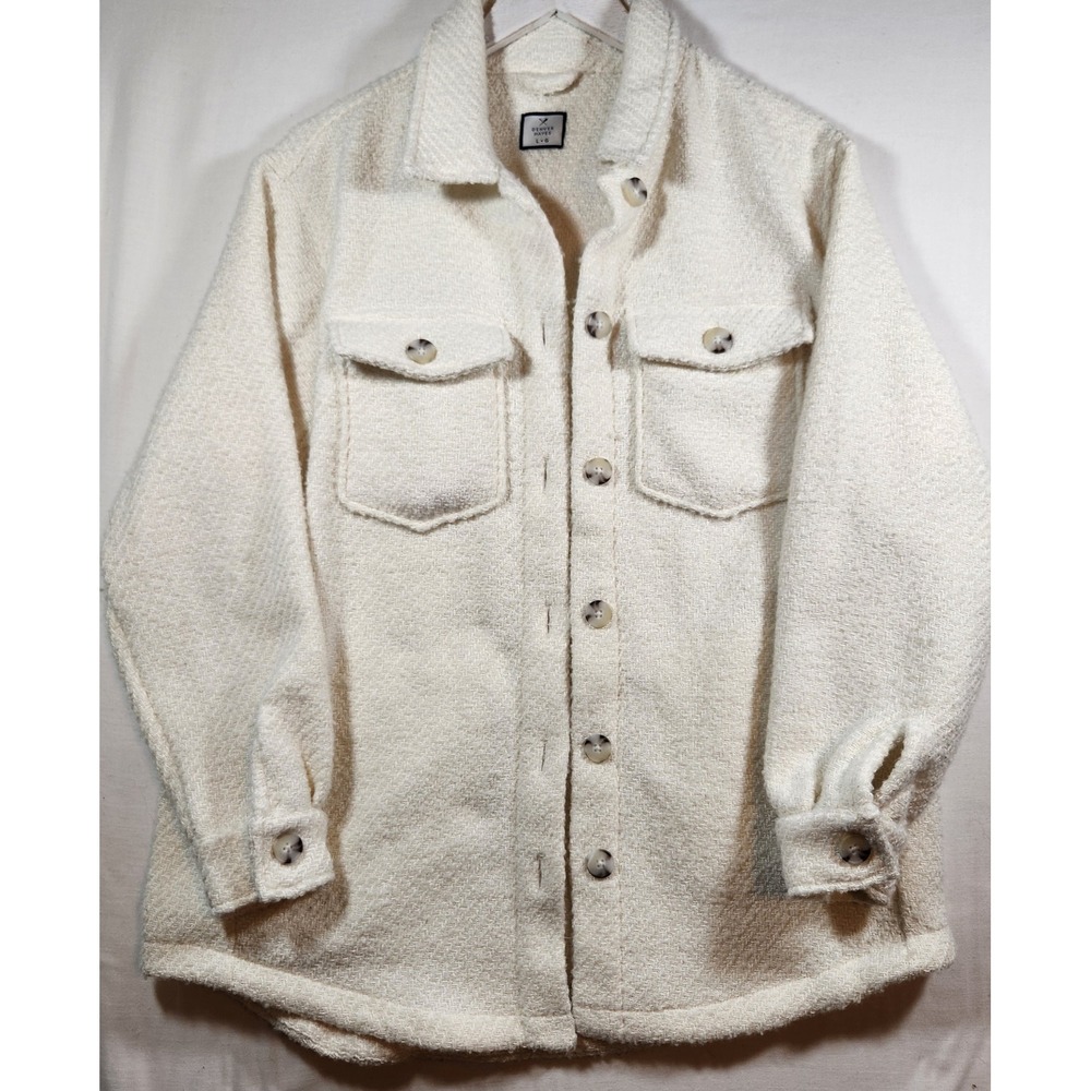 Denver Hayes Cream‎ Herringbone Textured Shacket Button Up Shirt Jacket L